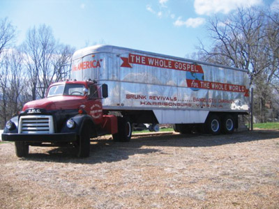 One of the original trucks used for the tent revival meetings is on display at the Valley Brethren-Mennonite Heritage Center. Photo courtesy of author
