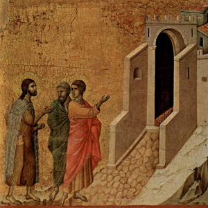 Jesus and the two disciples On the Road to Emmaus, by Duccio, 1308–1311, Museo dell'Opera del Duomo, Siena