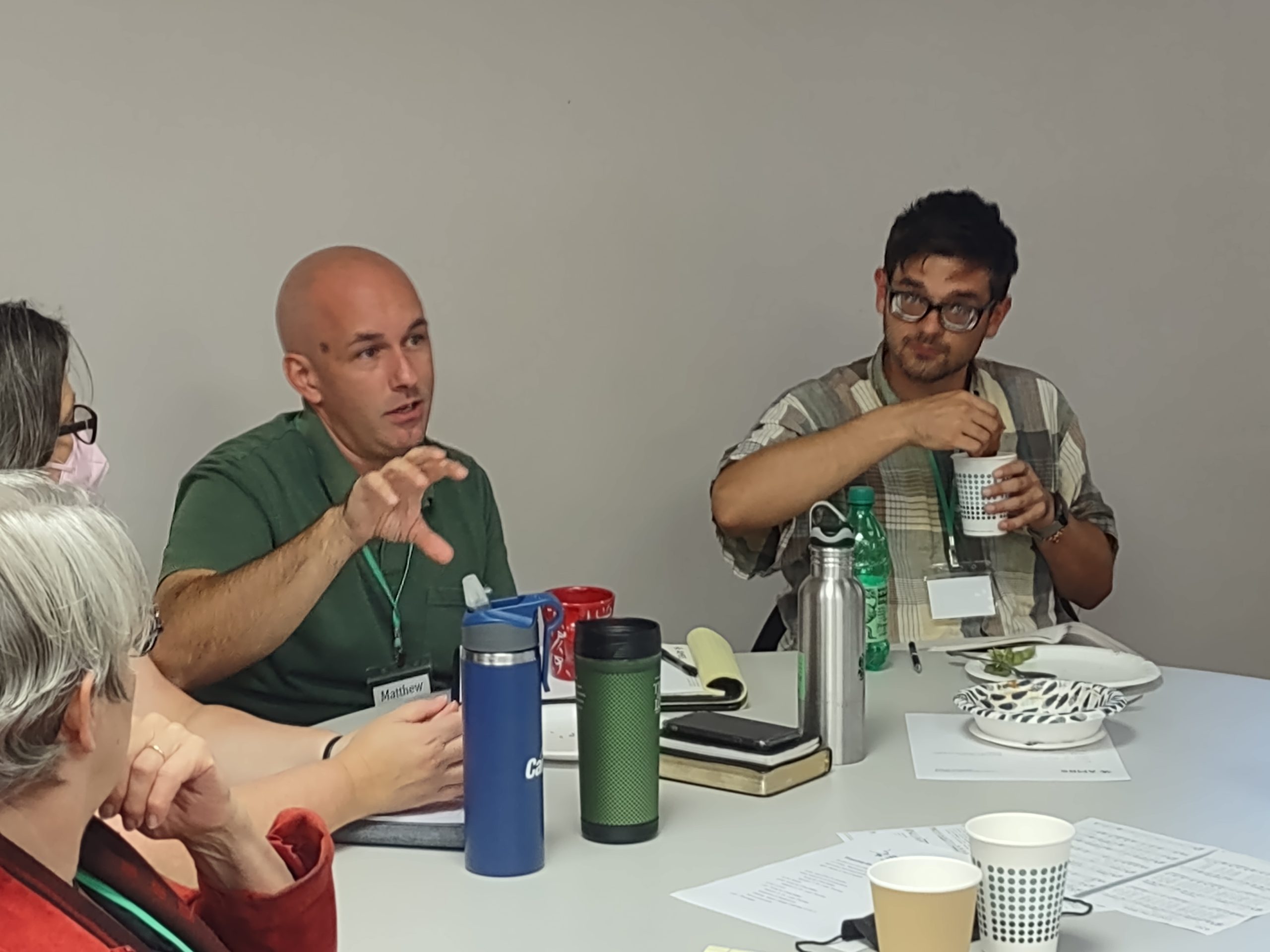 Matthew Bucher (center), Pastor at Immanual Mennonite Church in Harrisonburg engages AMBS professor , Leah Thomas, at a Trauma-Informed Care-giving seminar.